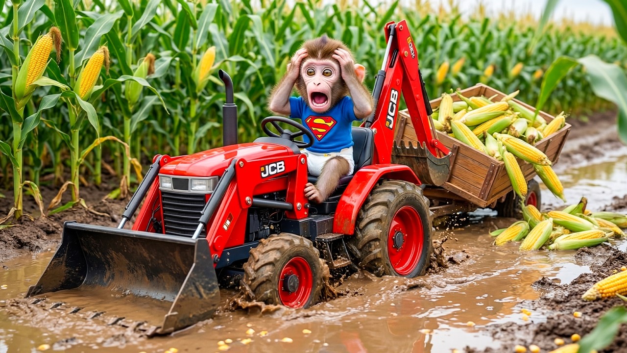 🐒🚜 Monkey Izi Harvests Corn with His JCB… Gets Stuck in Mud and Repairs the Road After the Rain!
