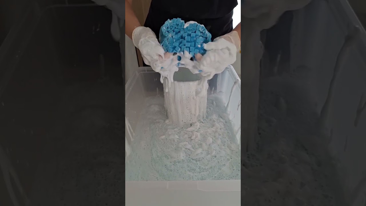 ASMR Sponge squeezing. Rinsing soaked sponge with hot water & fabric softener