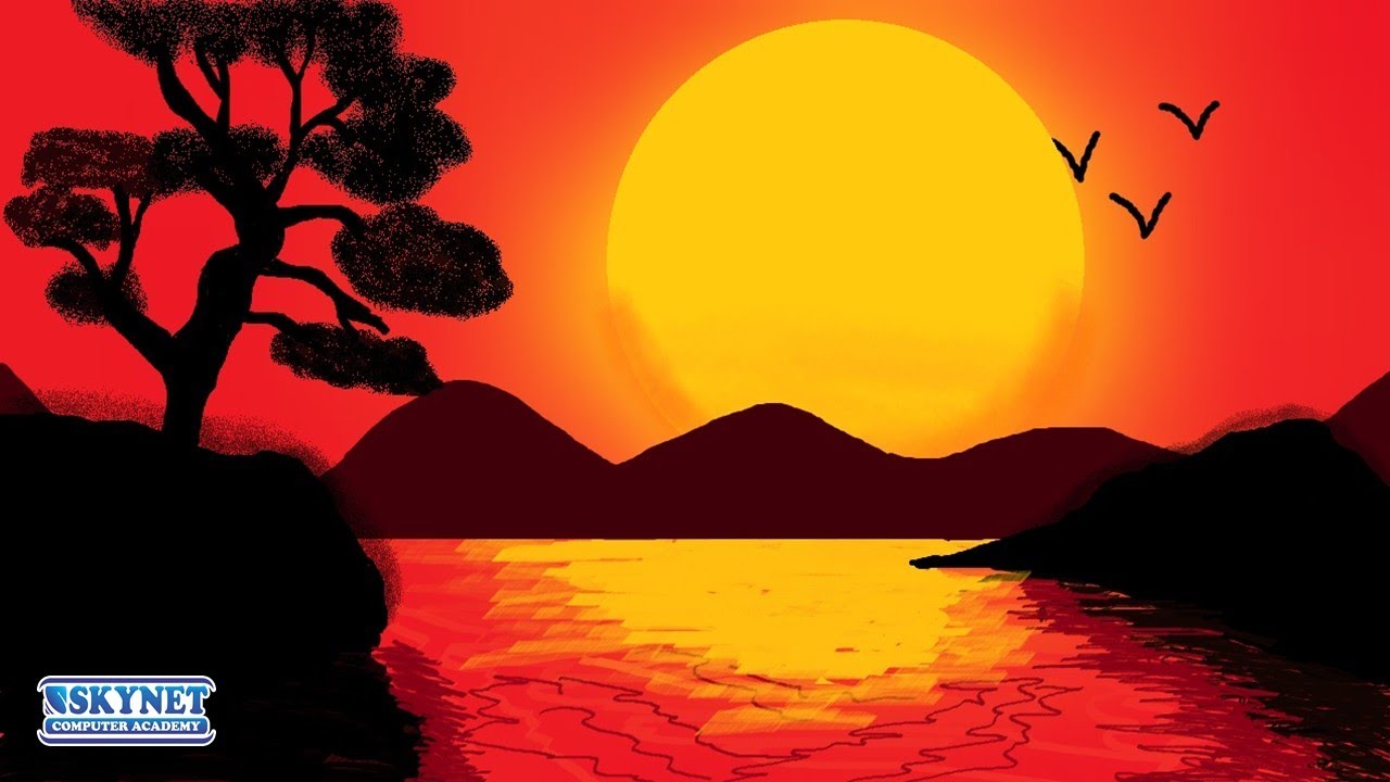 Beautiful Sunset Scenery in MS Paint | Big Sun Reflection Art | Paint Drawing Tutorial #drawing