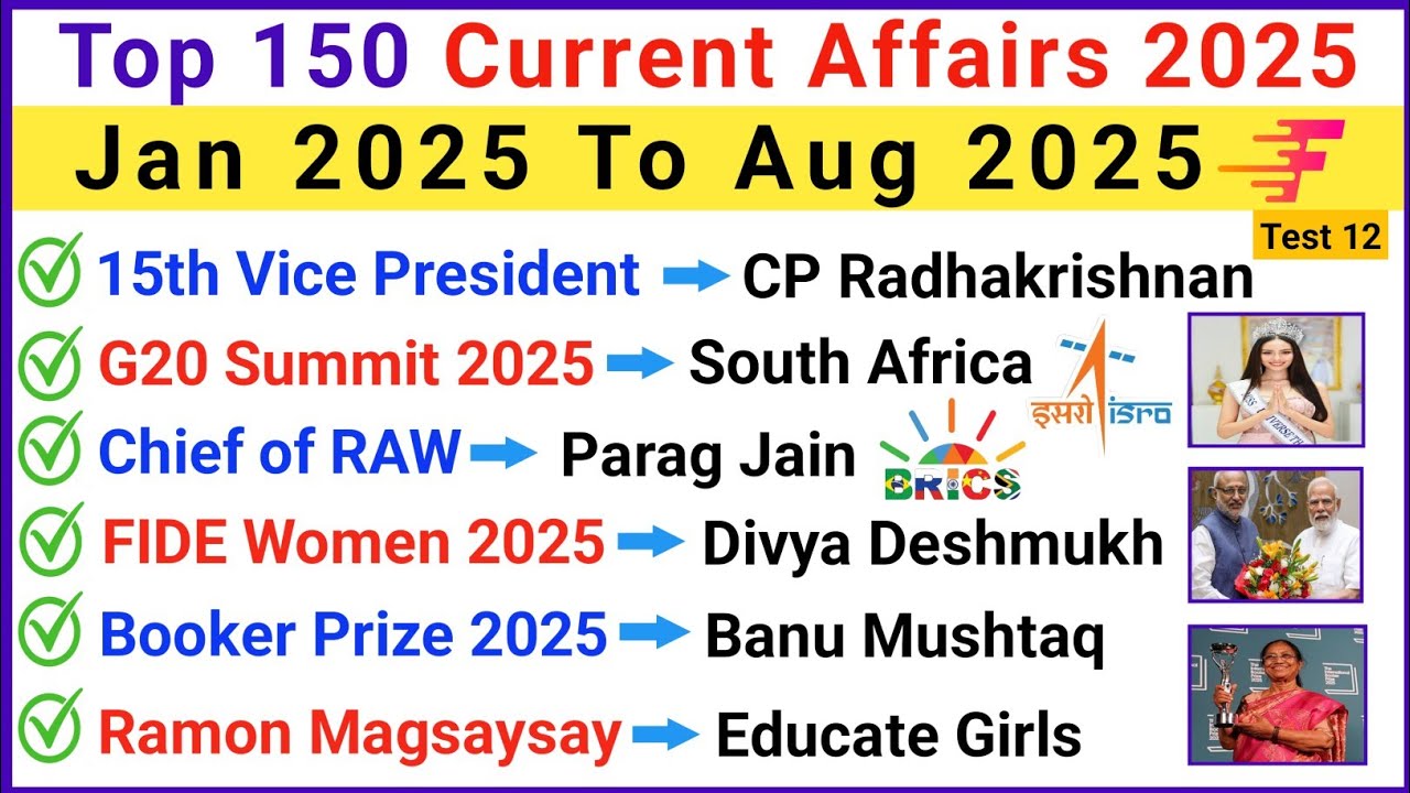 Top 150 Most Important Current Affairs 2025 | Last 8 Months Current Affairs 2025 |&nbsp;&nbsp;Current GK 2025