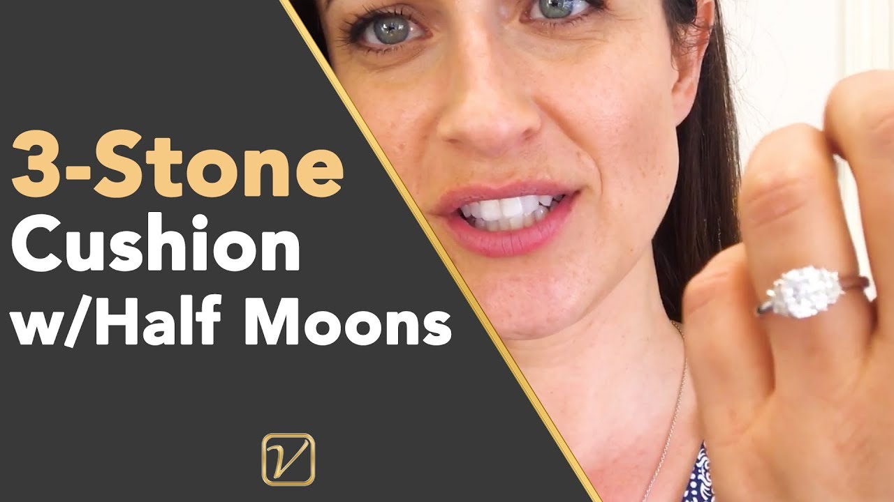 Three Stone Engagement Ring | 3 Stone Cushion Cut Diamond Ring With Half Moons For Sarah