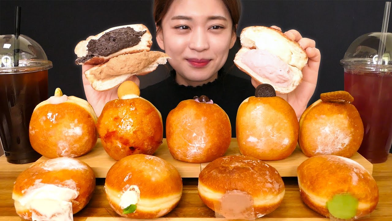 🍩Cream Donut😍쫀득한 빵과 흘러넘치는 크림!! 크림도넛 종류별 먹방❤[Milk, Blueberry,Cream brulee,Lemon,Nutella,Lotus]Mukbang
