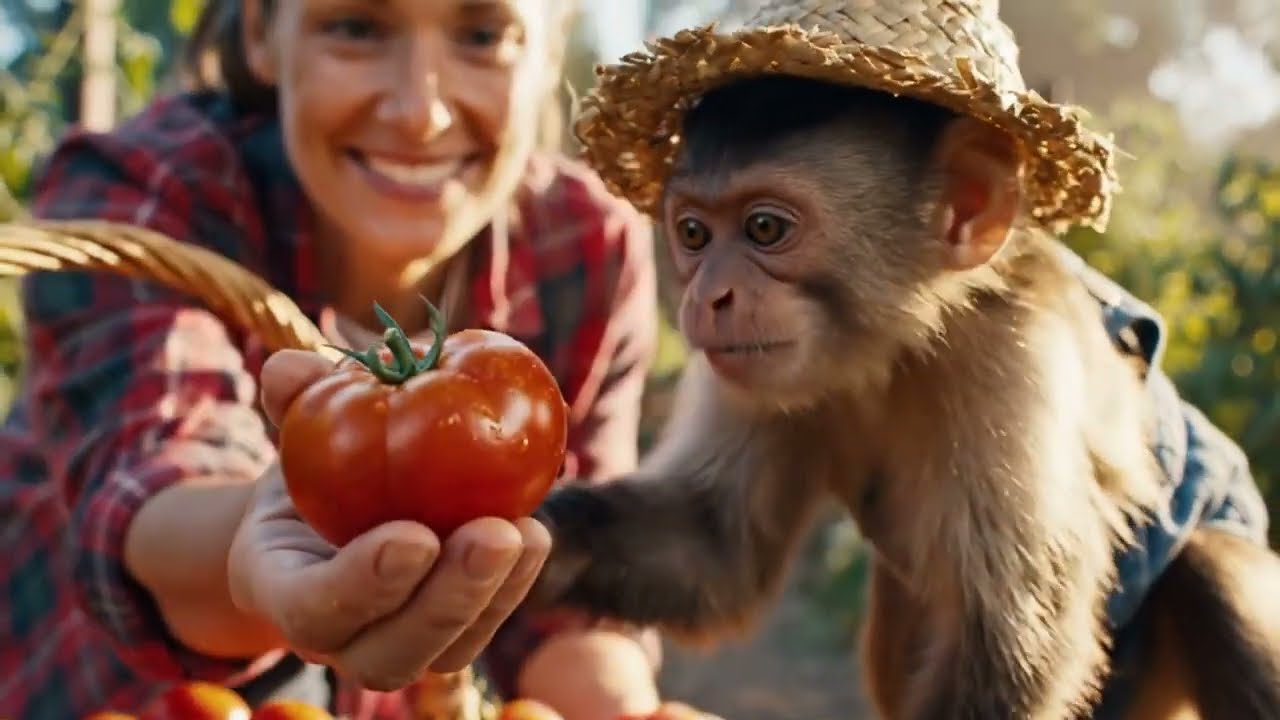 Monkey Farmer Ayuda a Cosechar Tomates en la Granja | Historia Educativa