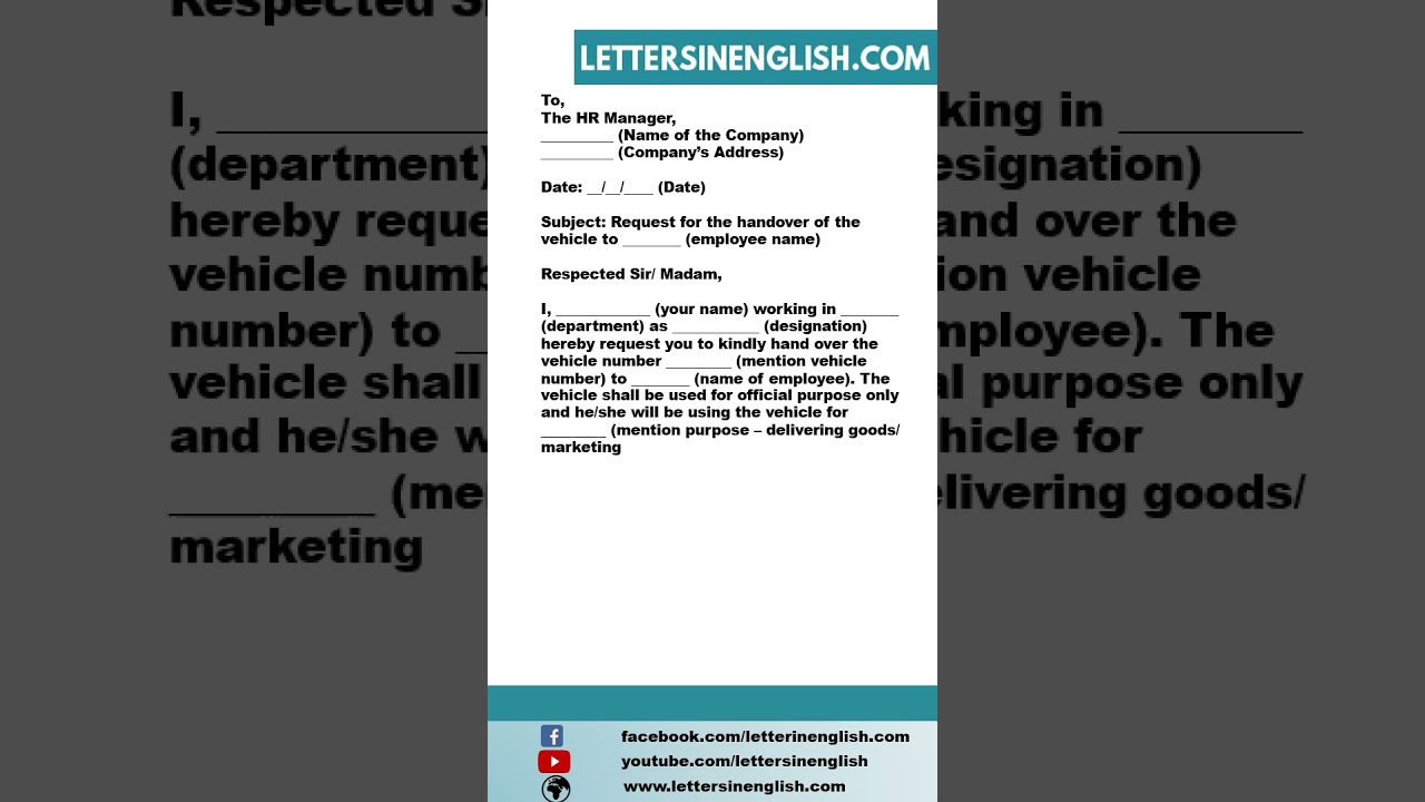 Request Letter for Vehicle Handover to Employee in Company