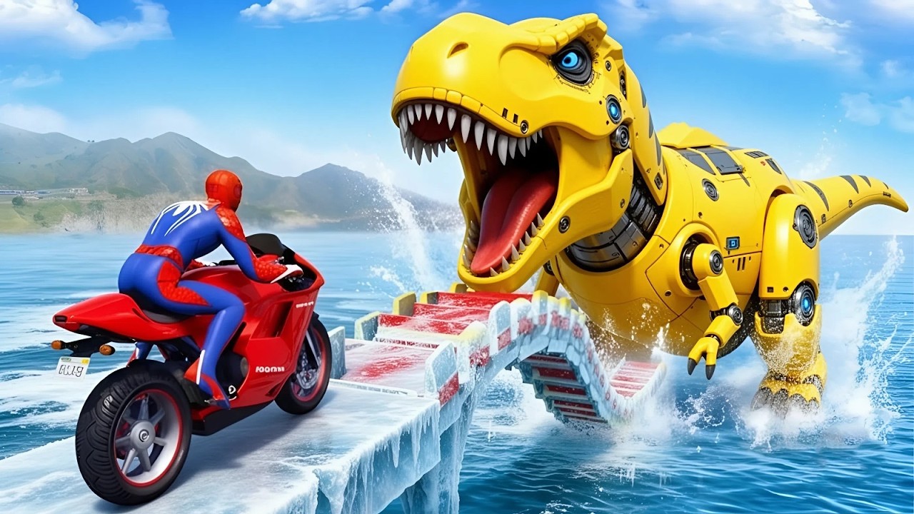 Rainbow Spider Man vs Dinosaur on Motorcycle Saving Batman  GTA 5 Superhero Battle