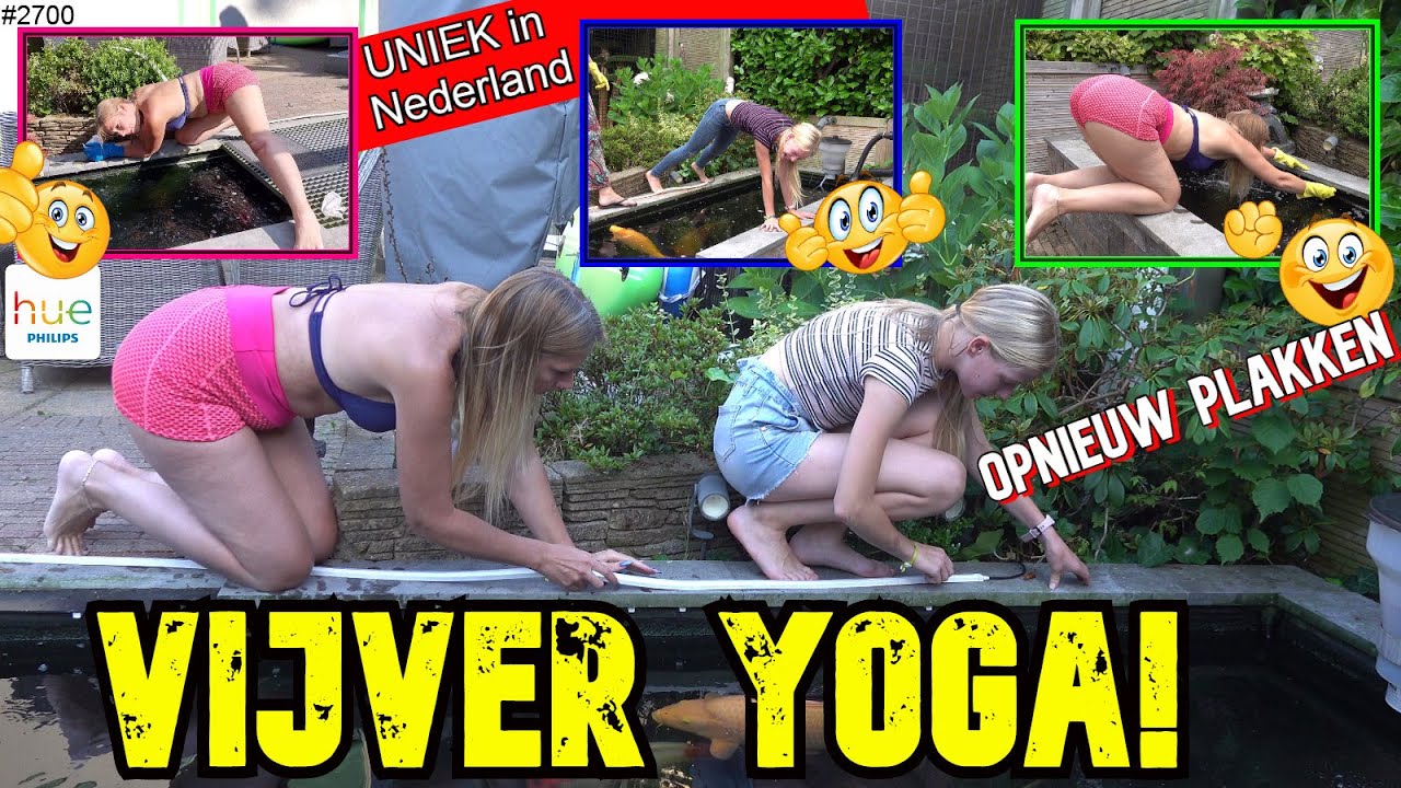 VIS YOGA boven de KOIKARPER VIJVER. LACHEN! Opnieuw HUE LEDVERLICHTING ophangen. #Bobbi-Lee #2700