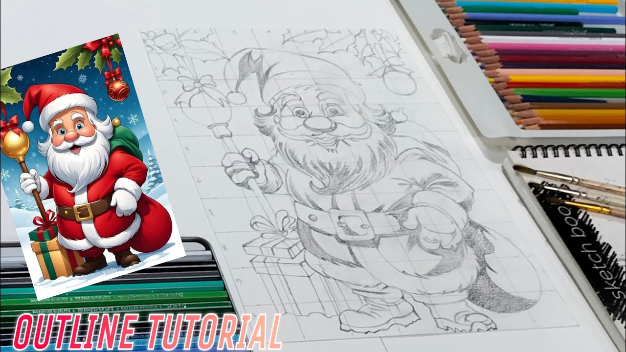 Santa Claus Outline Drawing (Tutorial Video) Step by Step 