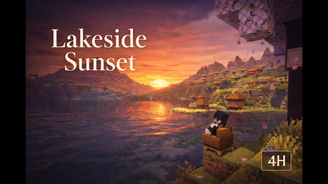 Peaceful Minecraft Ambience | Lakeside Village at Sunset | 4H Relaxing LoFi