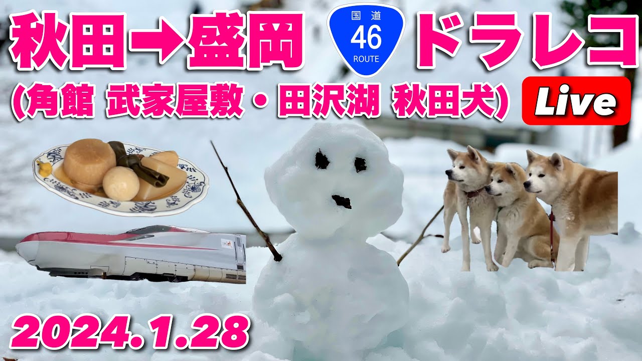 雪景色 国道ドラレコ46号線 秋田市→盛岡市 (角館 武家屋敷・田沢湖 秋田犬登場) 2024.1.28【ぴかーど47at】