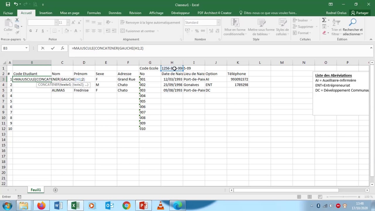 Création de code sur excel par la formule concaténer