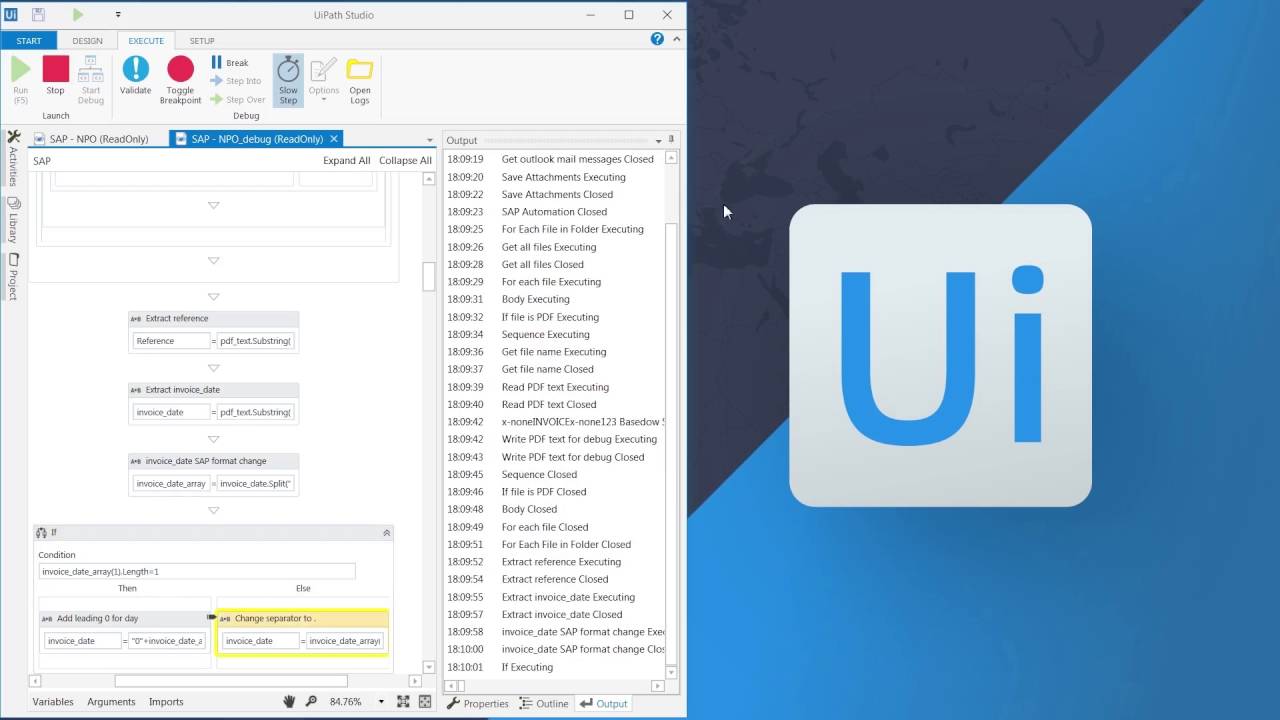 UiPath software robot at work processing invoices in SAP