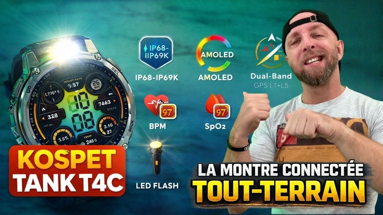 KOSPET TANK T4C, LA montre connectée Tout-Terrain avec LED intégrée, GPS double bande et 15 jours
