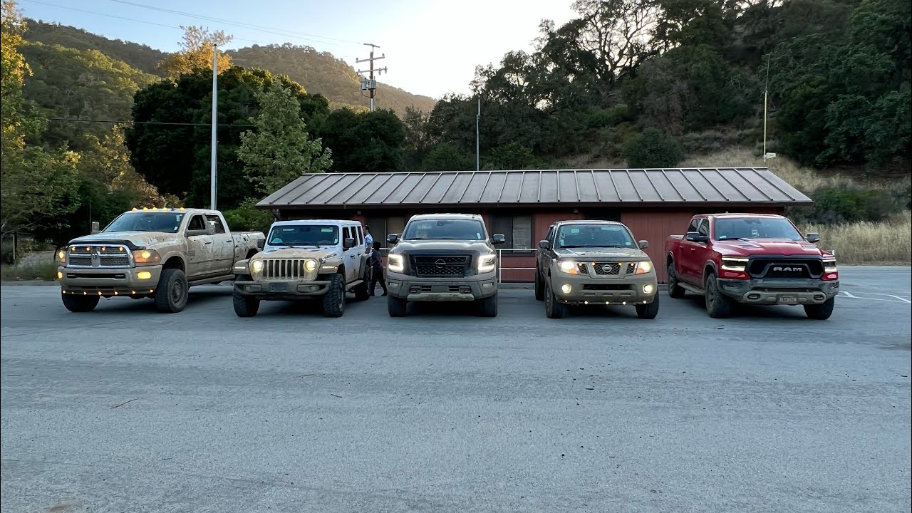 Nissan Titan, Nissan Frontier, Jeep JLU, Ram 2500 and Ram Rebel off roading at hollister hills 1/3