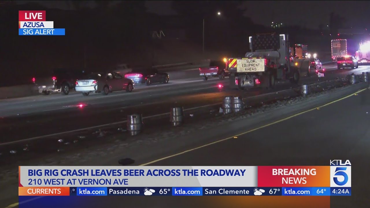 Big rig crash sends beer kegs across 210 Freeway, snarls traffic through Azusa
