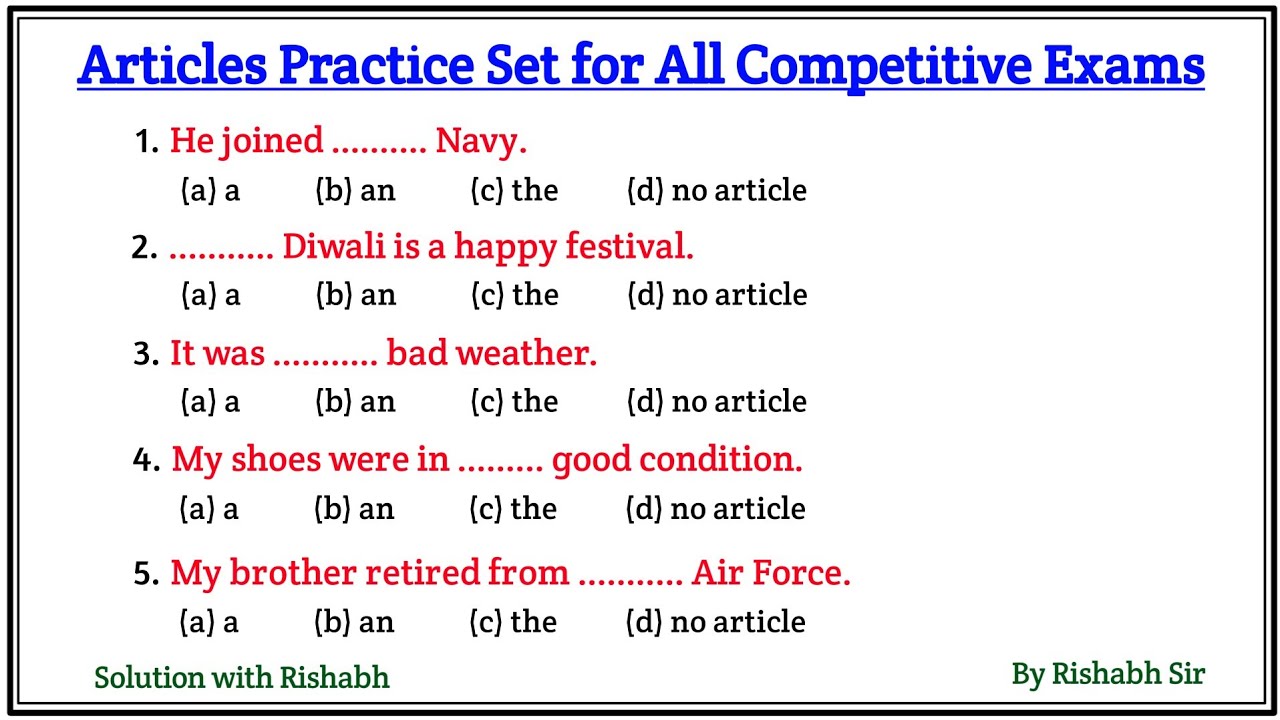 Articles A An The questions | Articles A An The in English Grammar | Articles Practice Set Exercise