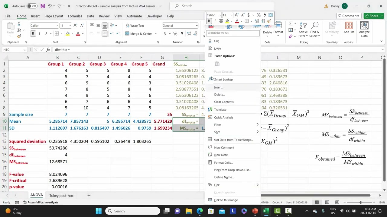 MS EXCEL 1 factor ANOVA Tukey post hoc Part 1