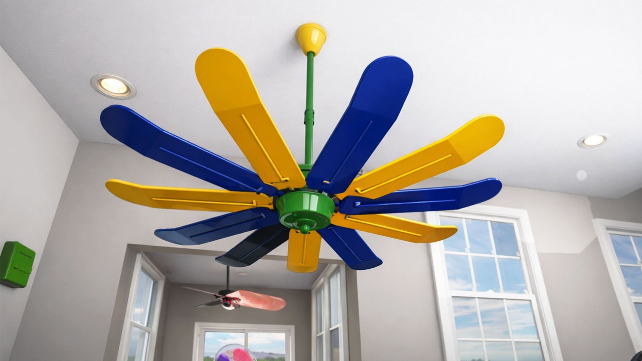 Неустойчивый потолочный вентилятор с разноцветными лопастями, которые идеально вращаются, — это н...
