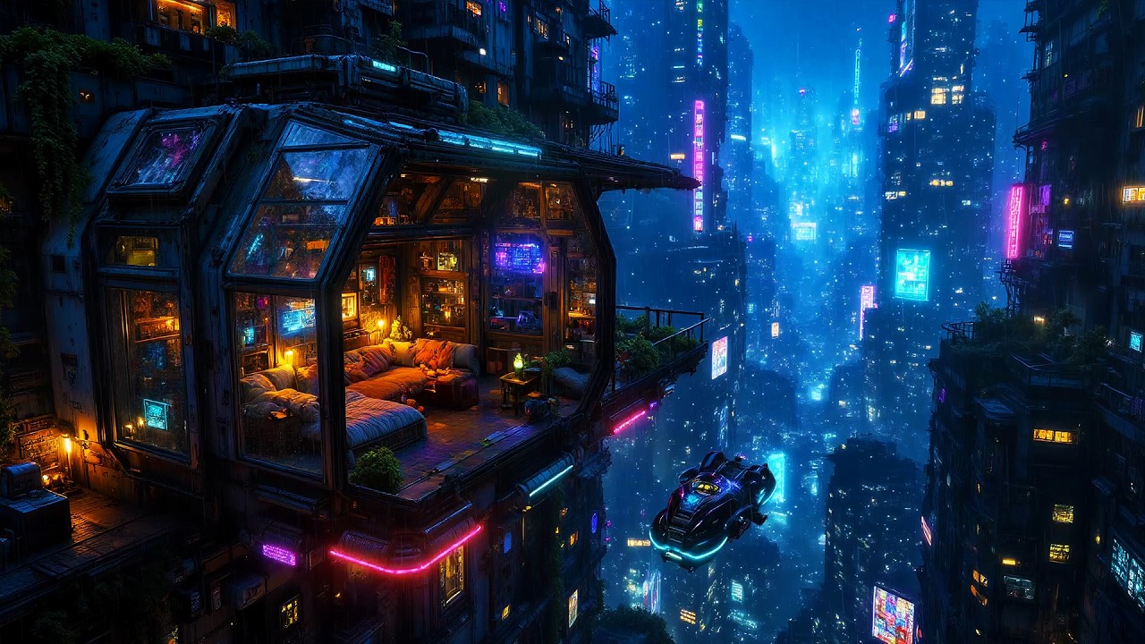 Lofi Ambient – Futuristic Glass Pod Apartment Rain Above Neon City | Deep Sleep & Focus | 4K