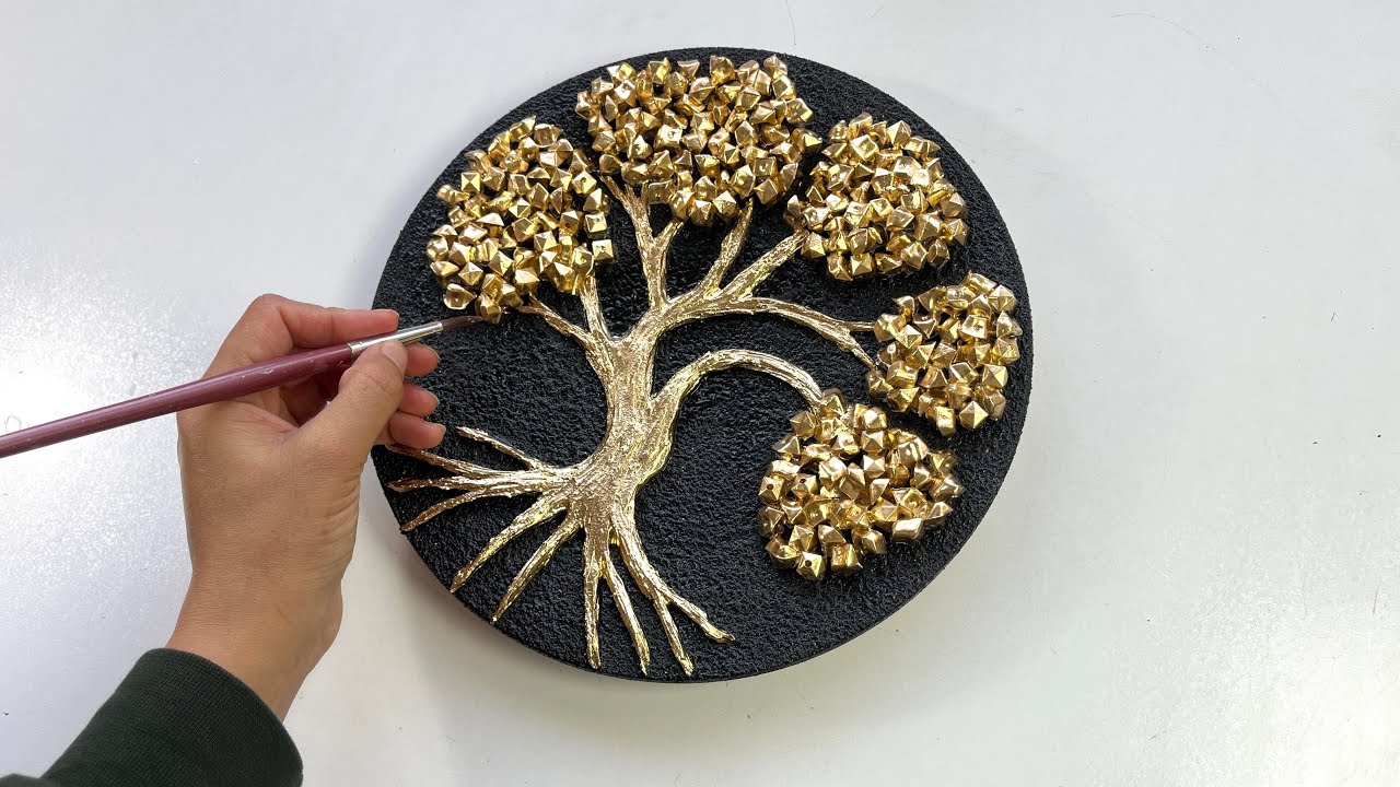 Mixed Media Tree Art Using Texture Paste and Gold Leaf  | Luxury Tree Wall Art with Glass Crystals