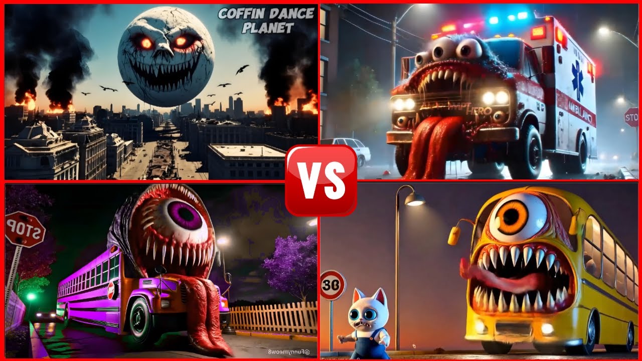 MEGA BATTLE School Bus Monster 💕Police Car Monster💕Hungry star 💕Train Eater 💕Mario Zombie TILES hop