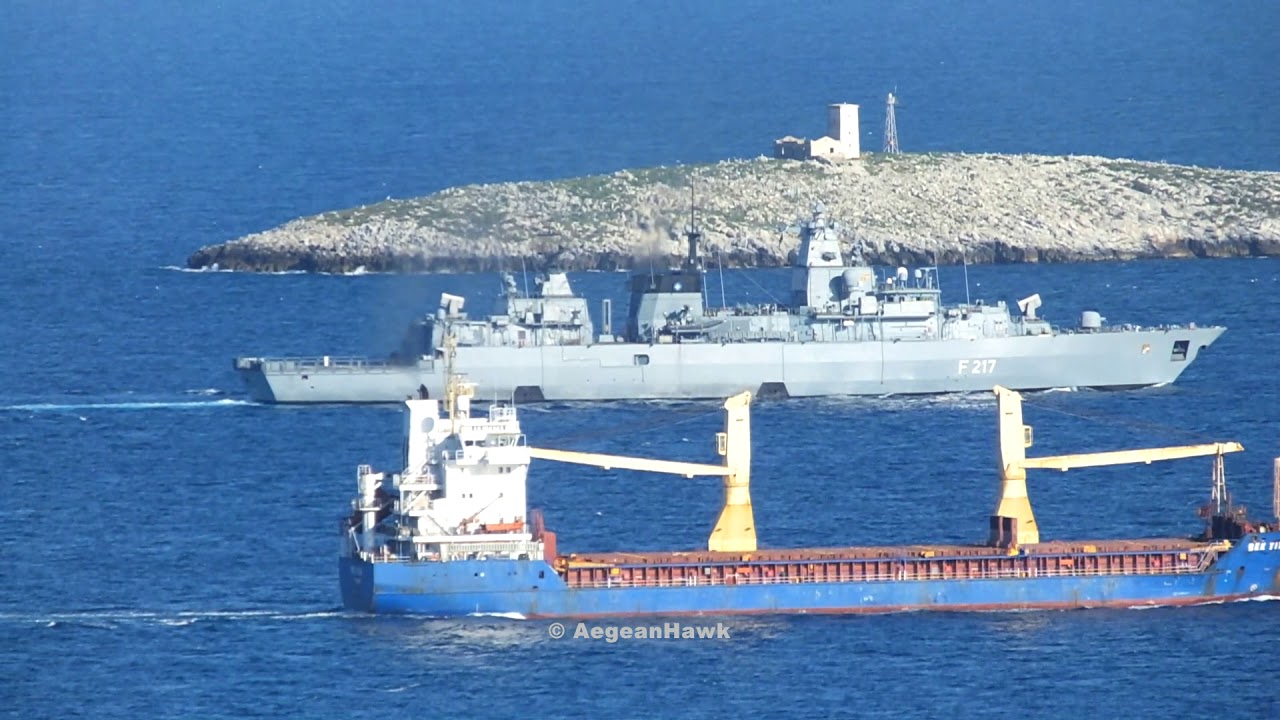 German Navy Type 123 frigate F217 FGS Bayern with SNMG2 southbound Chios Strait.