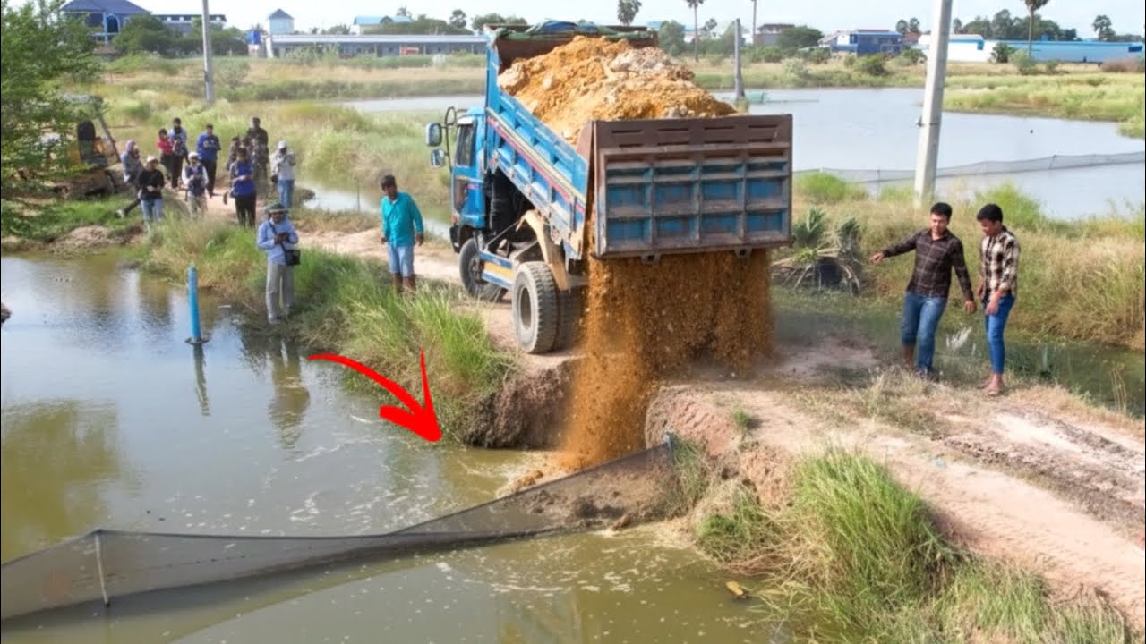 Incredible !! start project landfill flooded area by dump truck unloading soil and bulldozer pushing