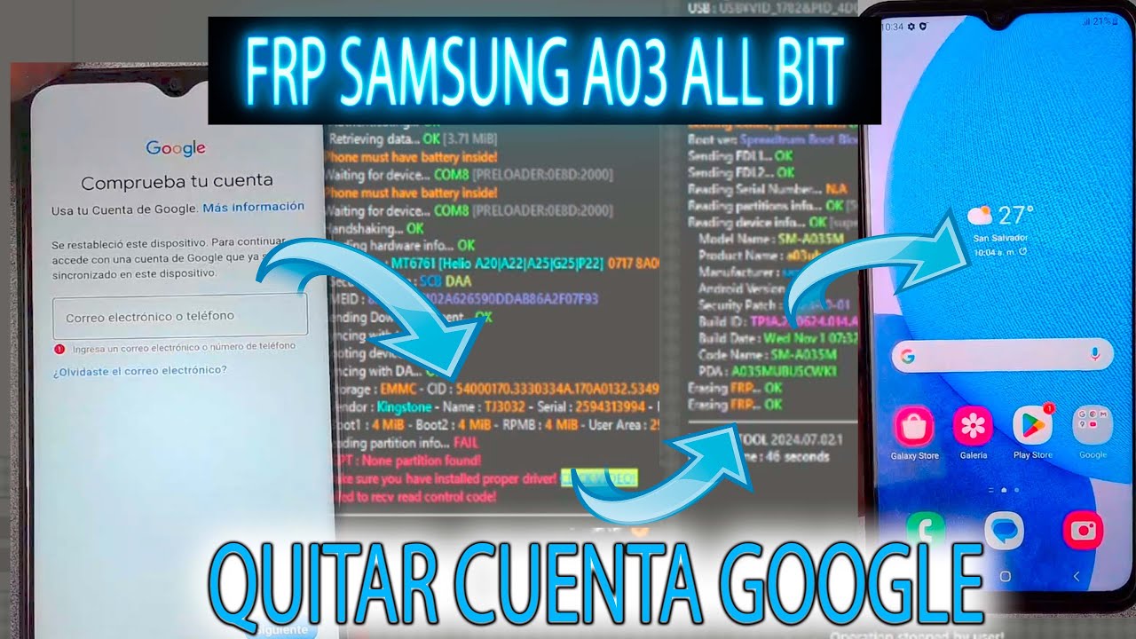 FRP SAMSUNG A03 ALL BIT QUITAR CUENTA GOOGLE UNLOCKTOOL BIEN EXPLICADO A035