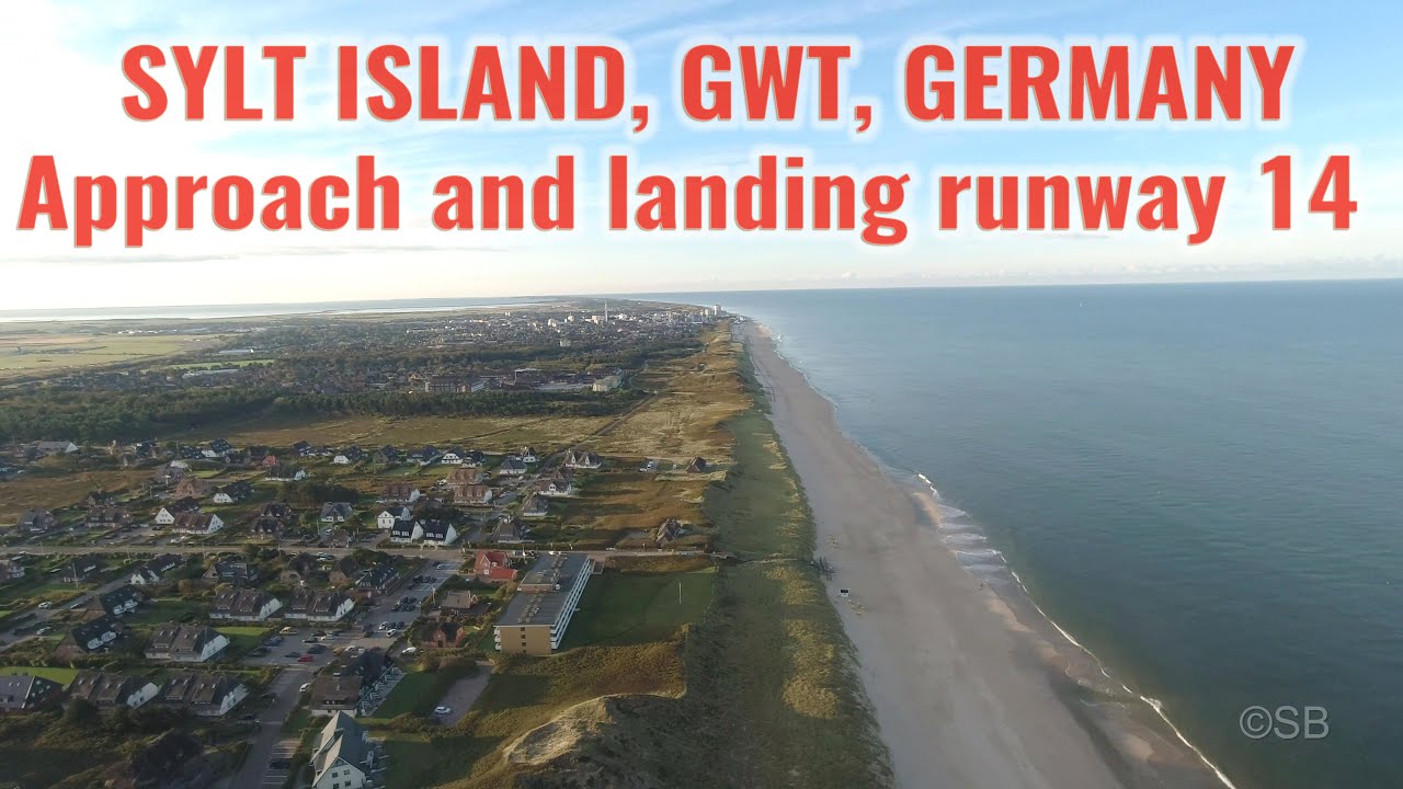 Sylt Island Airport, Germany:  Passing Helgoland  and landing on runway 14, Airbus cockpit view, 4k