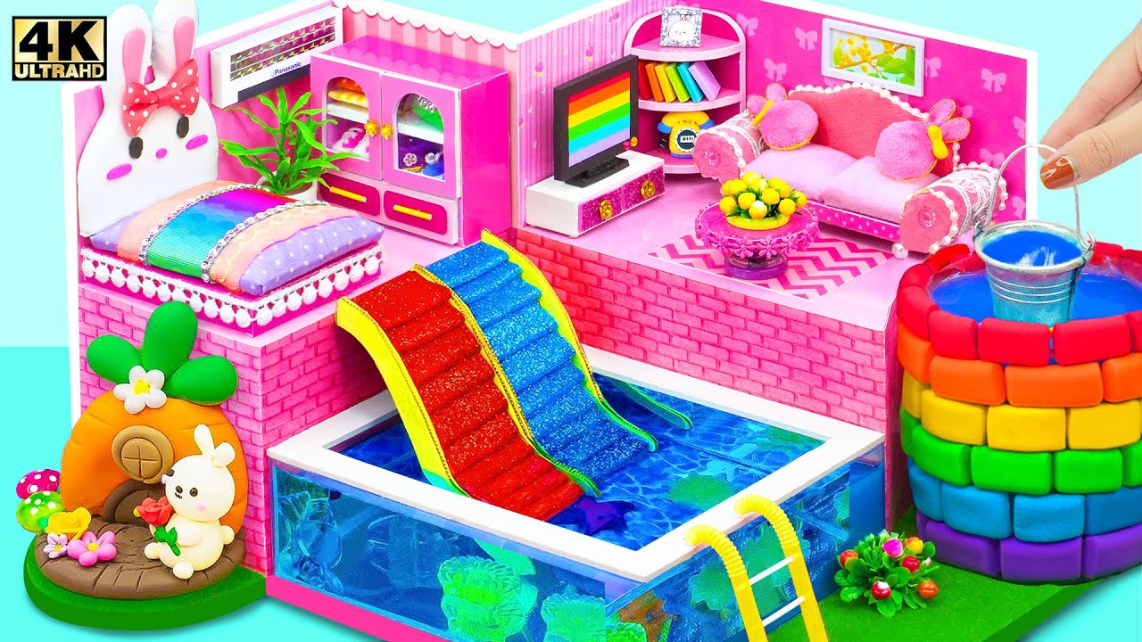 Make Pink Bunny House with Bedroom, Swimming Pool, Water Wells from Cardboard ❤️ DIY Miniature House