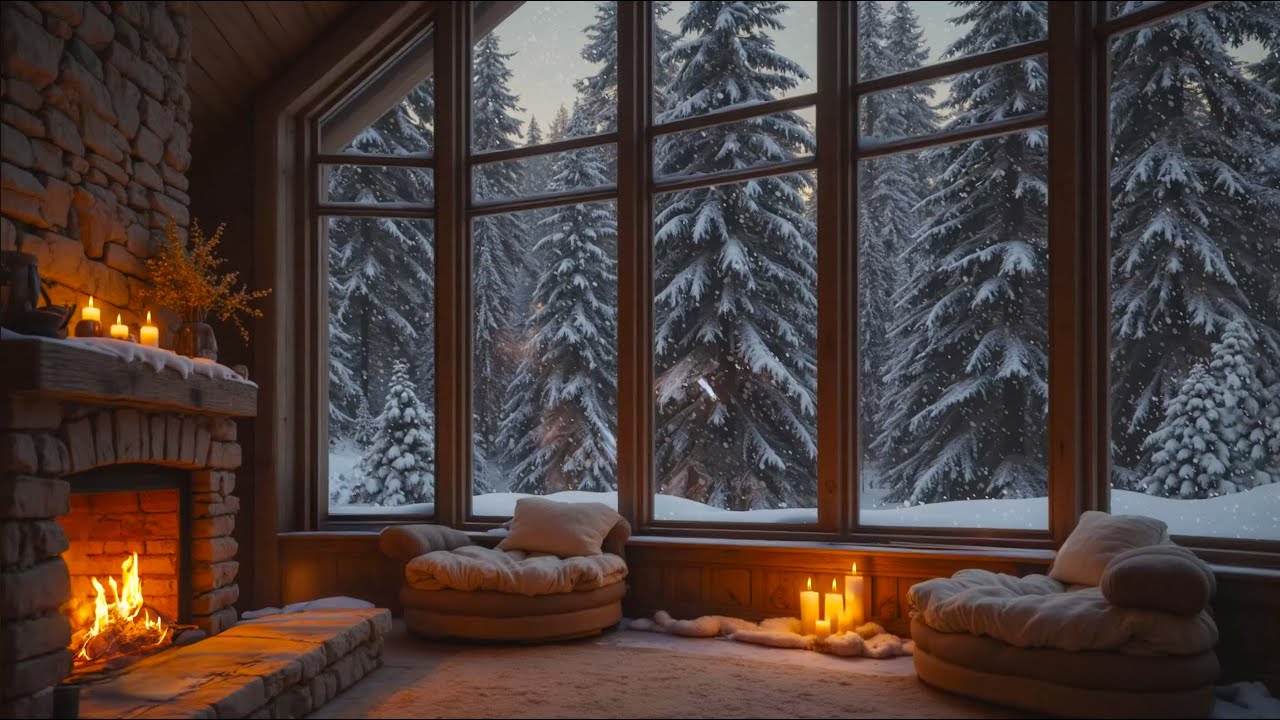 Cozy Cabin Winter Evening Ambience ❄️🔥Warm Fireplace, Snowfall & Relaxing Piano Music for Calm Focus