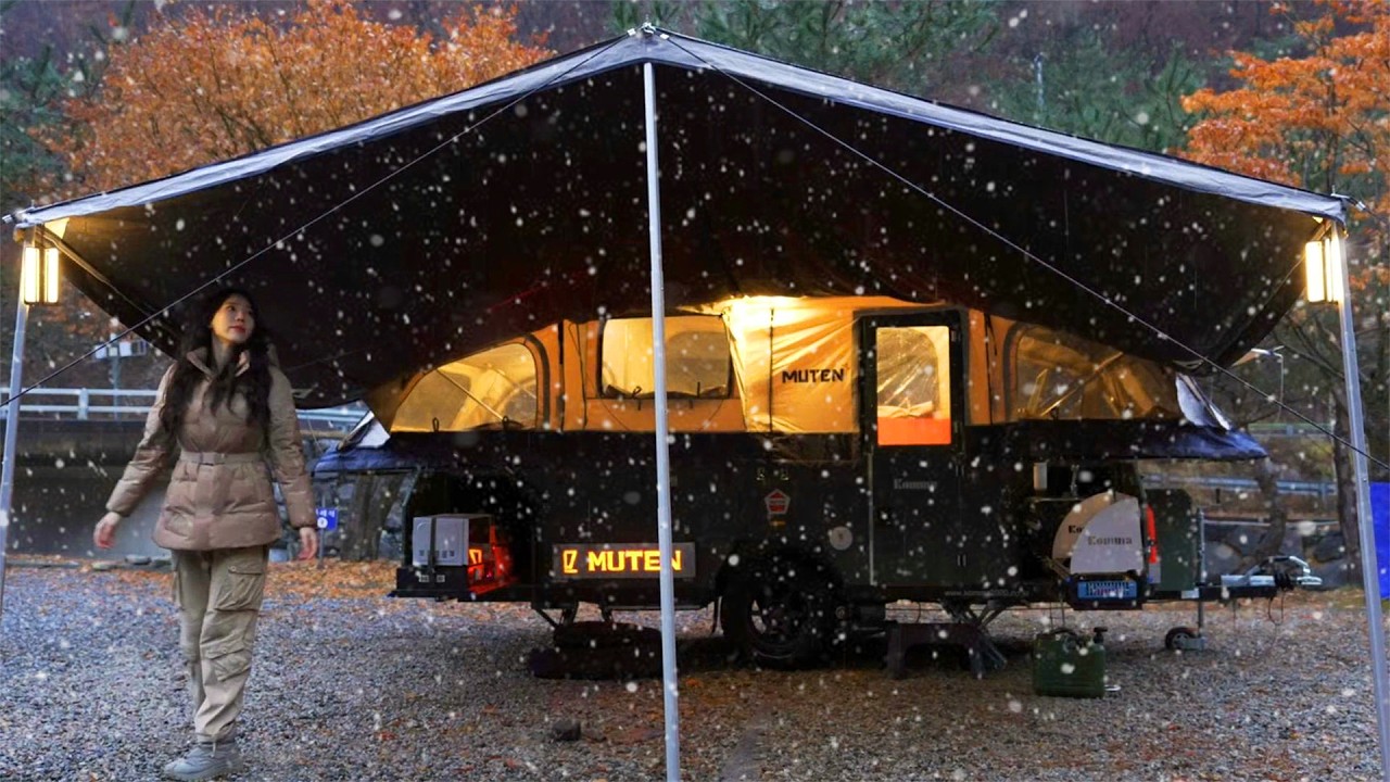 ❄️ CAMPING BY RICKSHAW IN RAIN AND SNOW | RELAXING NATURE ASMR