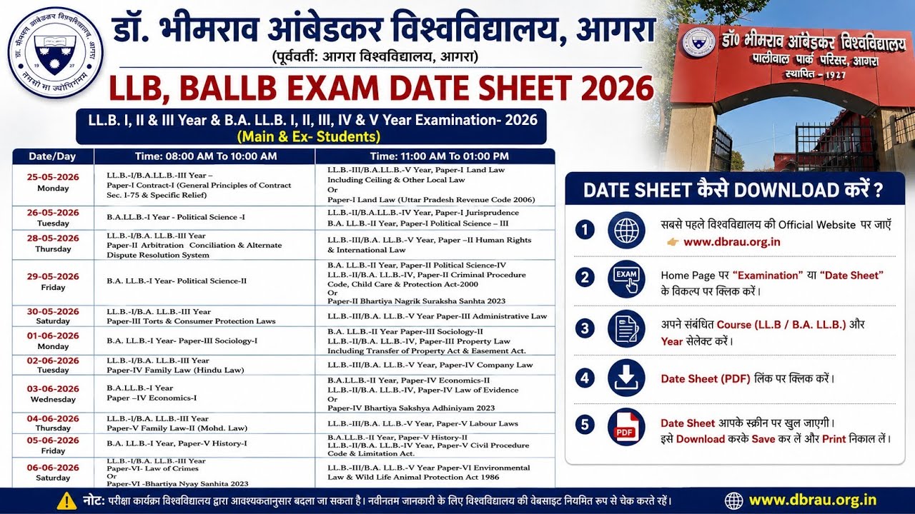 DBRAU LLB Exam Date 2026 | DBRAU BALLB Exam Date 2026 | 