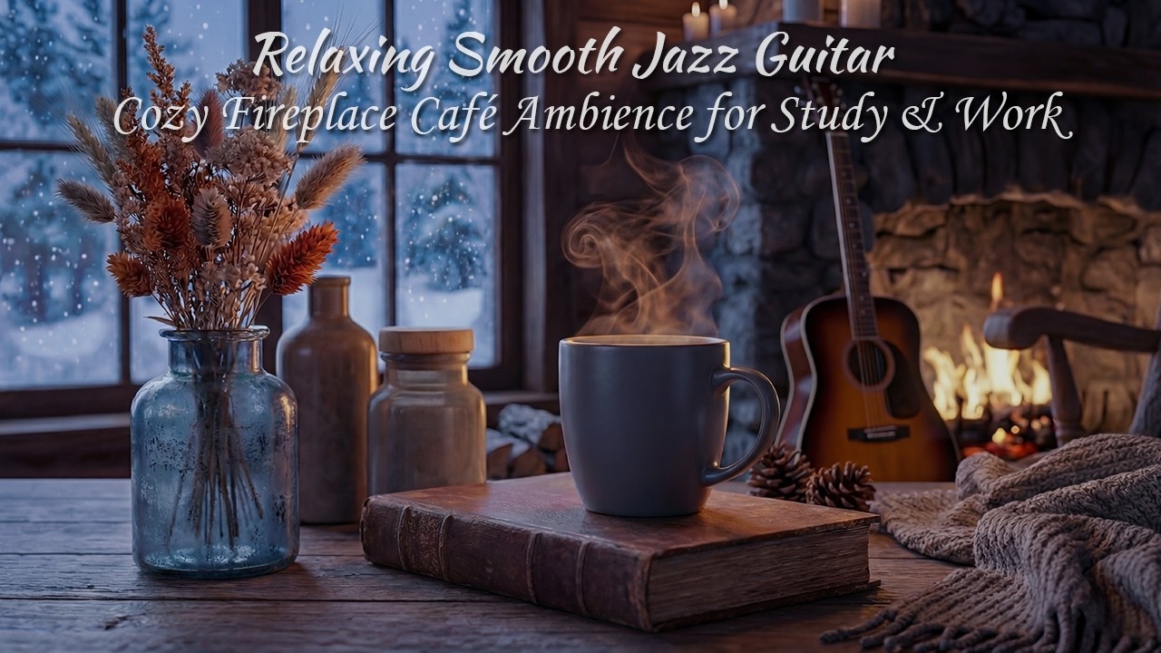 Relaxing Smooth Jazz Guitar | Cozy Fireplace Café Ambience for Study & Work