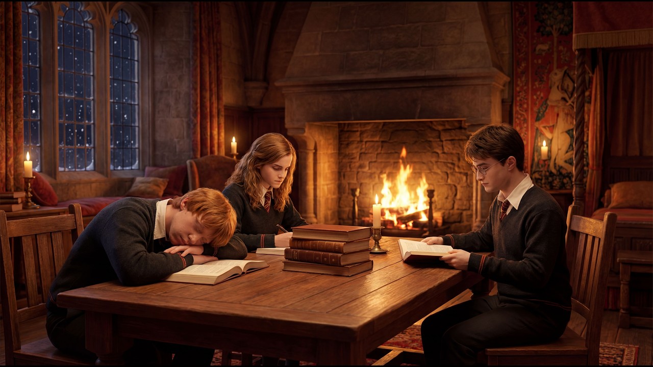 Study With Harry Potter — 3×50 Pomodoro | Gryffindor Common Room, Rain & Deep Focus