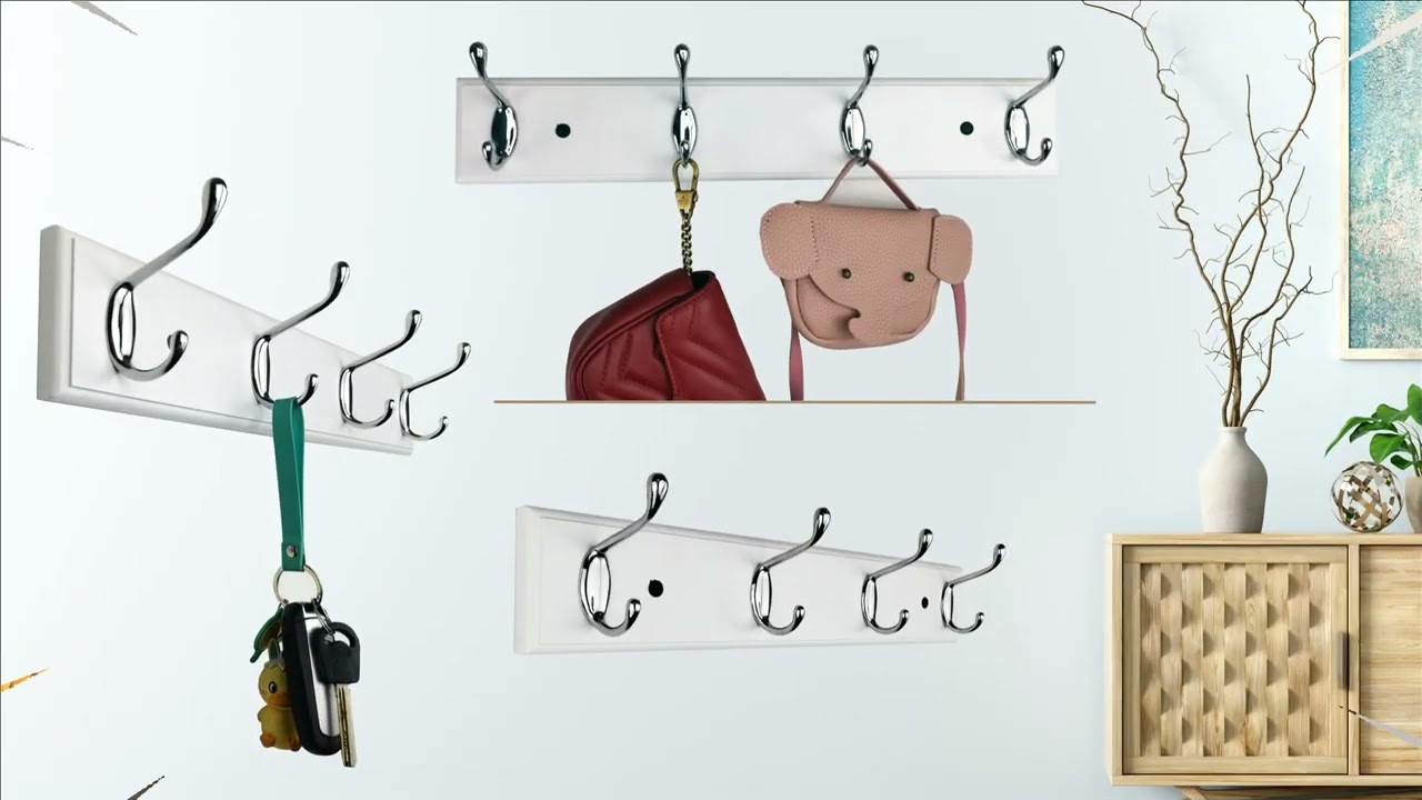 modern 4 hooks wall coat rack ,silver hooks,wood,white,17.3''