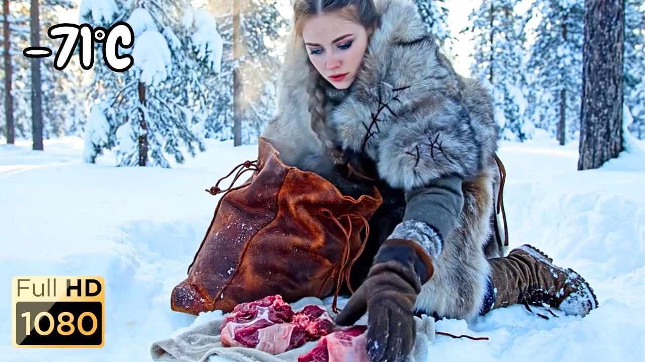 A widow cooking in a cozy cabin | in the frozen mountains Off Grid, in extreme cold