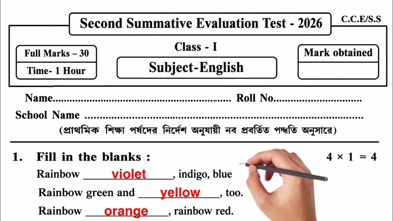 Class 1 English Second Unit Test 2026 | Class 1 english 2nd unit test question paper 2026 | engraji
