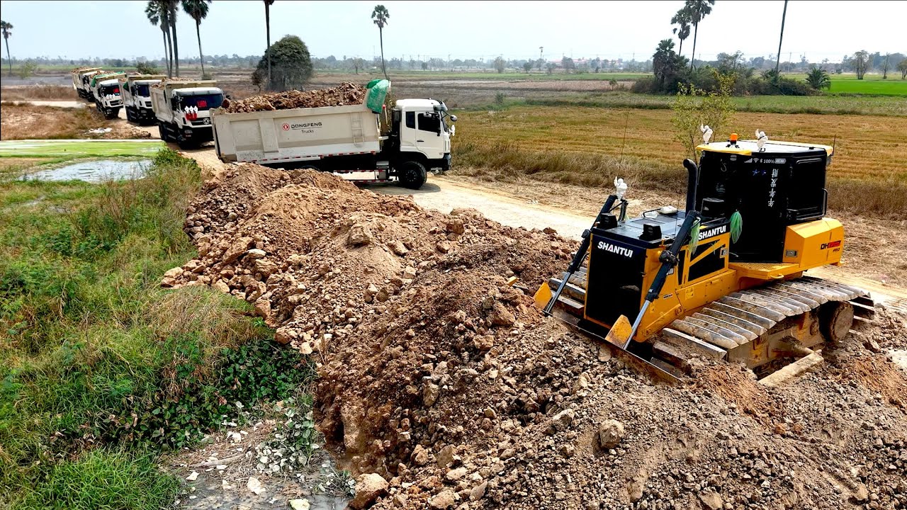 FIRST Opening Project Filling UP Use Dozer Leveling & Push Of Group Dump TRUCK Unloading Stone