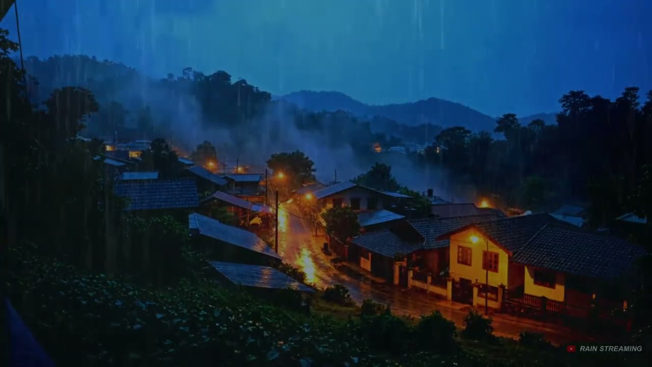 Rainy Mountain Village at Night 🌧️ Cozy Town Ambience for Deep Sleep