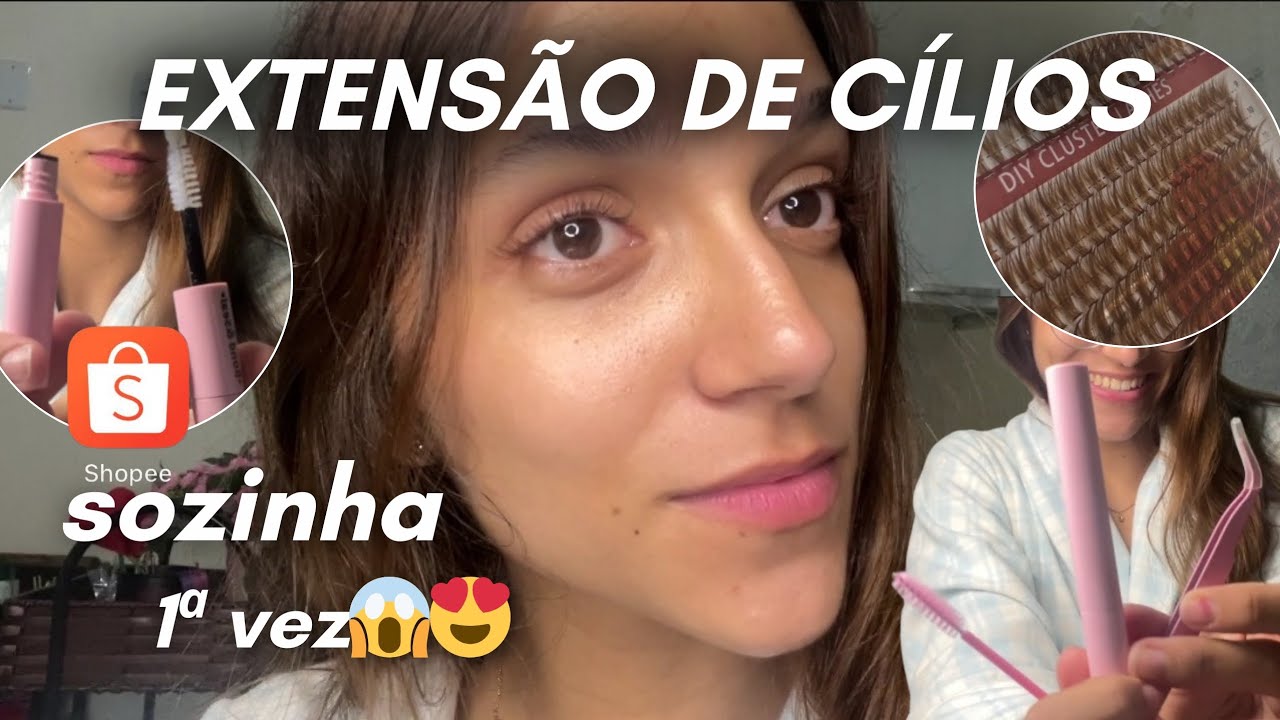 COLOCANDO EXTENSÃO DE CÍLIOS EM CASA SOZINHA com kit da shopee | cílios marrom