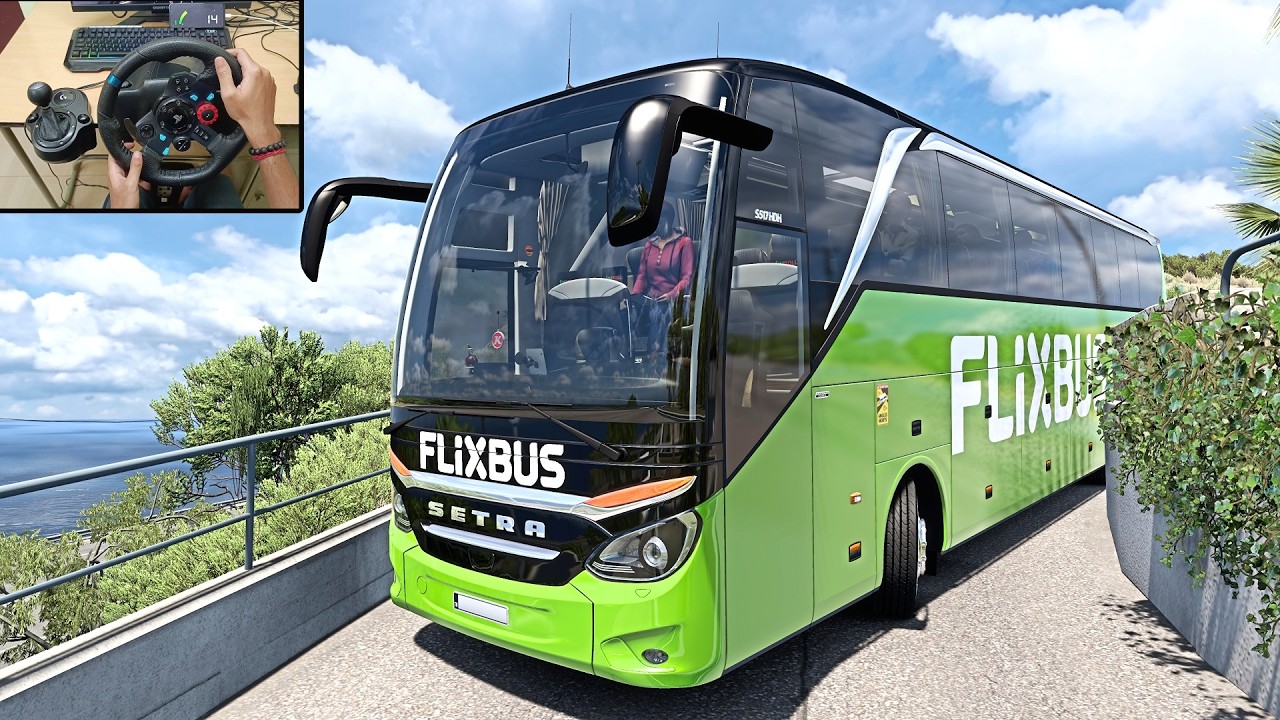Coach bus driving through narrow roads of northwest Greek island | Bus Simulator Logitech G29 Setup