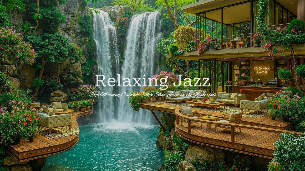 Soft Morning Outdoor Coffee Shop Jazz by the Waterfall 🌿 Smooth Jazz with Nature Forest for Relax