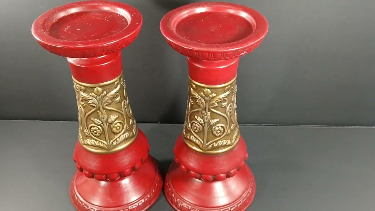 Vintage Red and Gold Ornate Floral Design Metal Pillar Candle Holders Set of 2