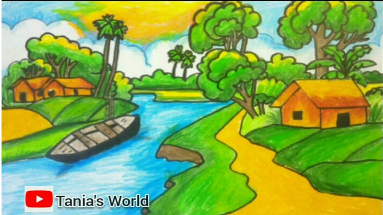 How to draw easy scenery drawing with beautiful landscape village scenery drawing with pencil sketch