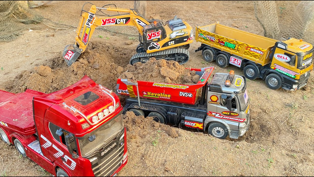Aksi #37 Excavator Besar Huina 1550, Dump Truk RC Volvo A45G, Huina 1536, Scania RC Muatan Tanah 37