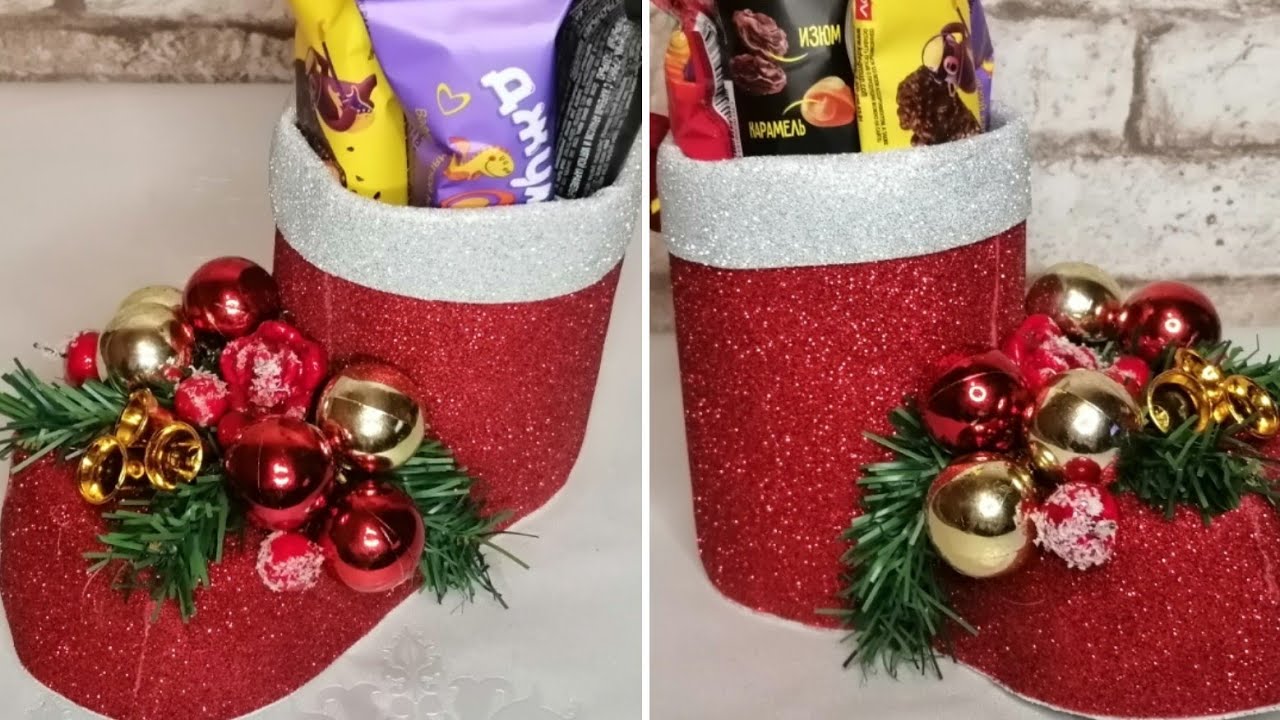 Новогодний Сапожок из пластиковой бутылки и фоамирана | Отличный подарок на новый год своими руками