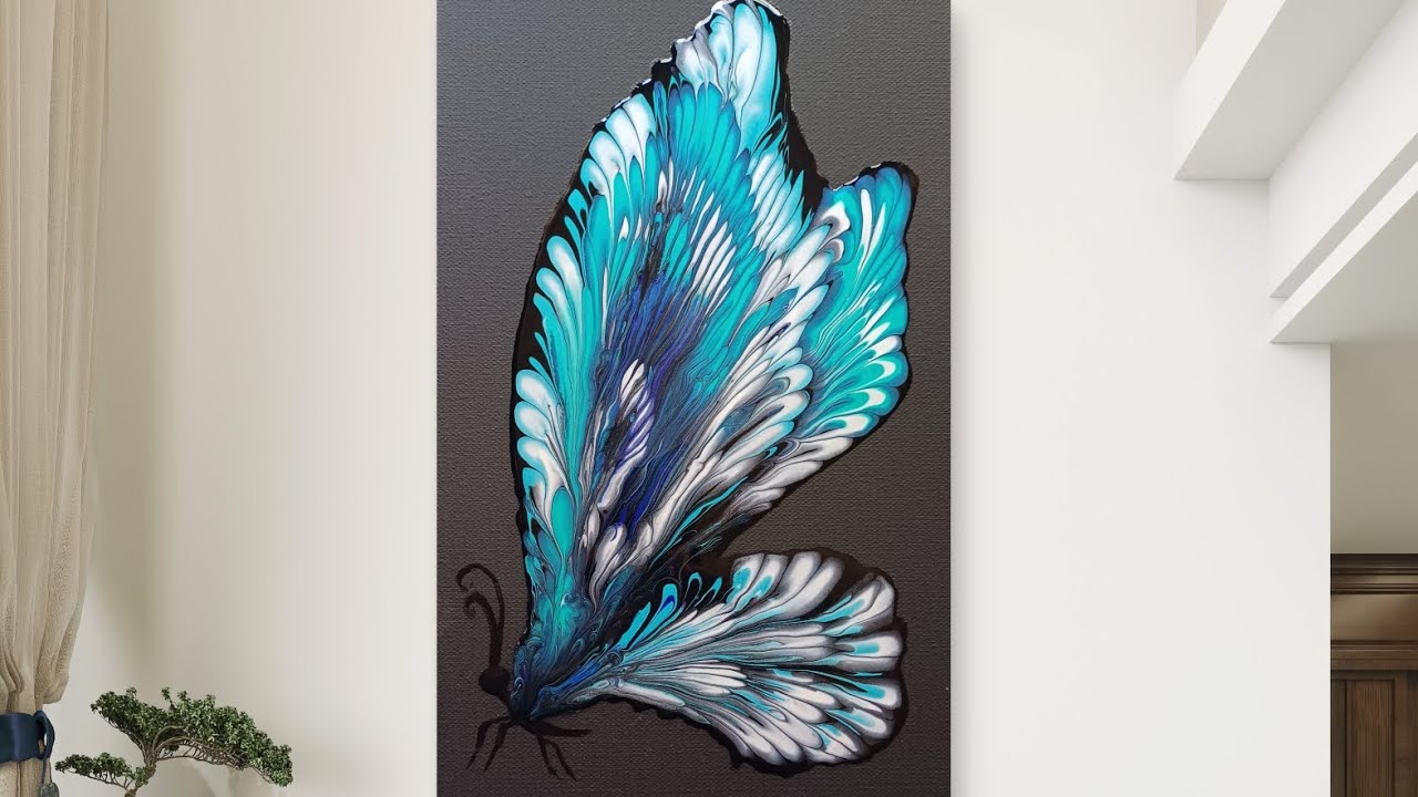 My 1st CHAIN PULL painting | Butterfly 💙🩵🤍 | Acrylic pouring | Fluid art.
