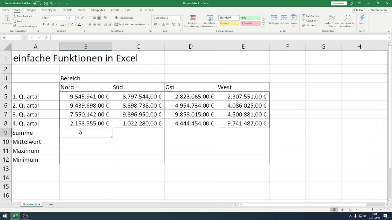 Excel - einfache Funktionen - SUMME, MITTELWERT, MAX und MIN
