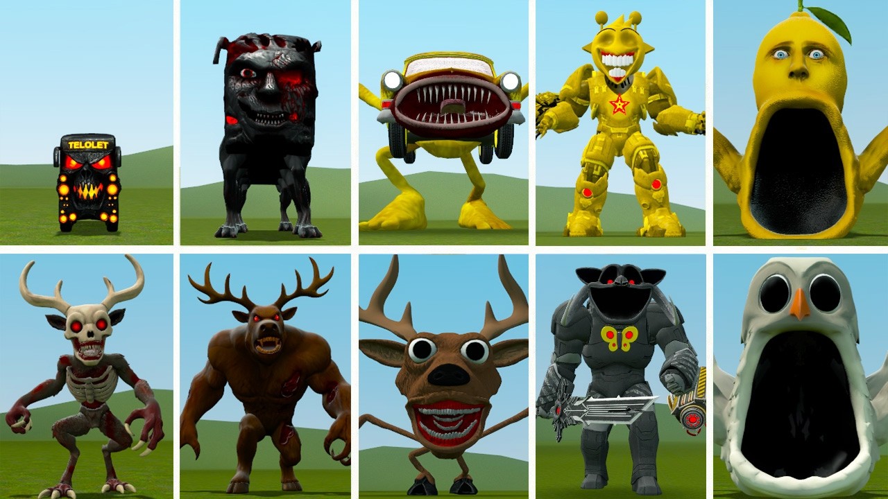 ALL NEW EVOLUTIONS OF MONSTER CAR EATER TAPES, MONMONLEMON VS MONSTER CURSED DEER IN GARRY'S MOD !