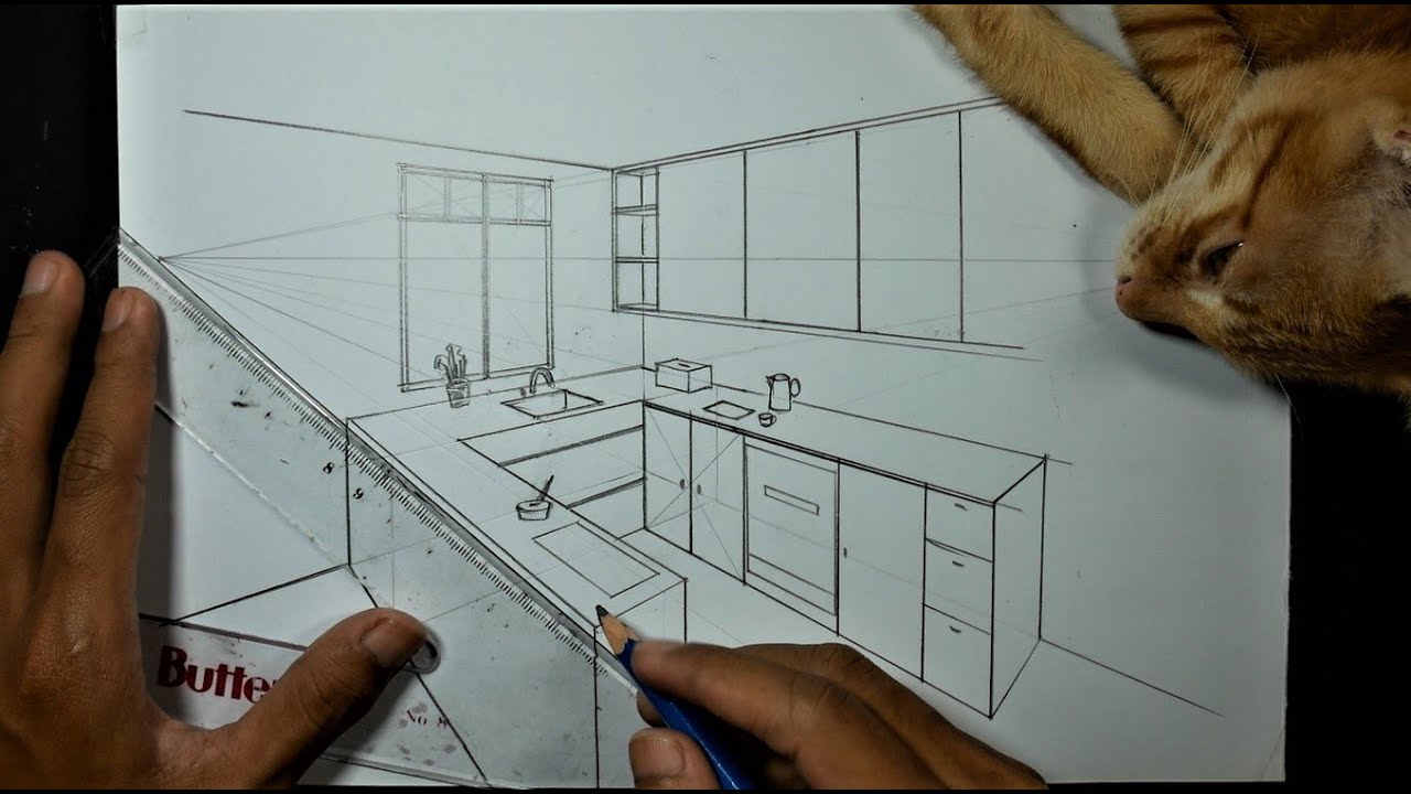 How To Draw Minimalist Kitchen in 2 Point Perspective #3